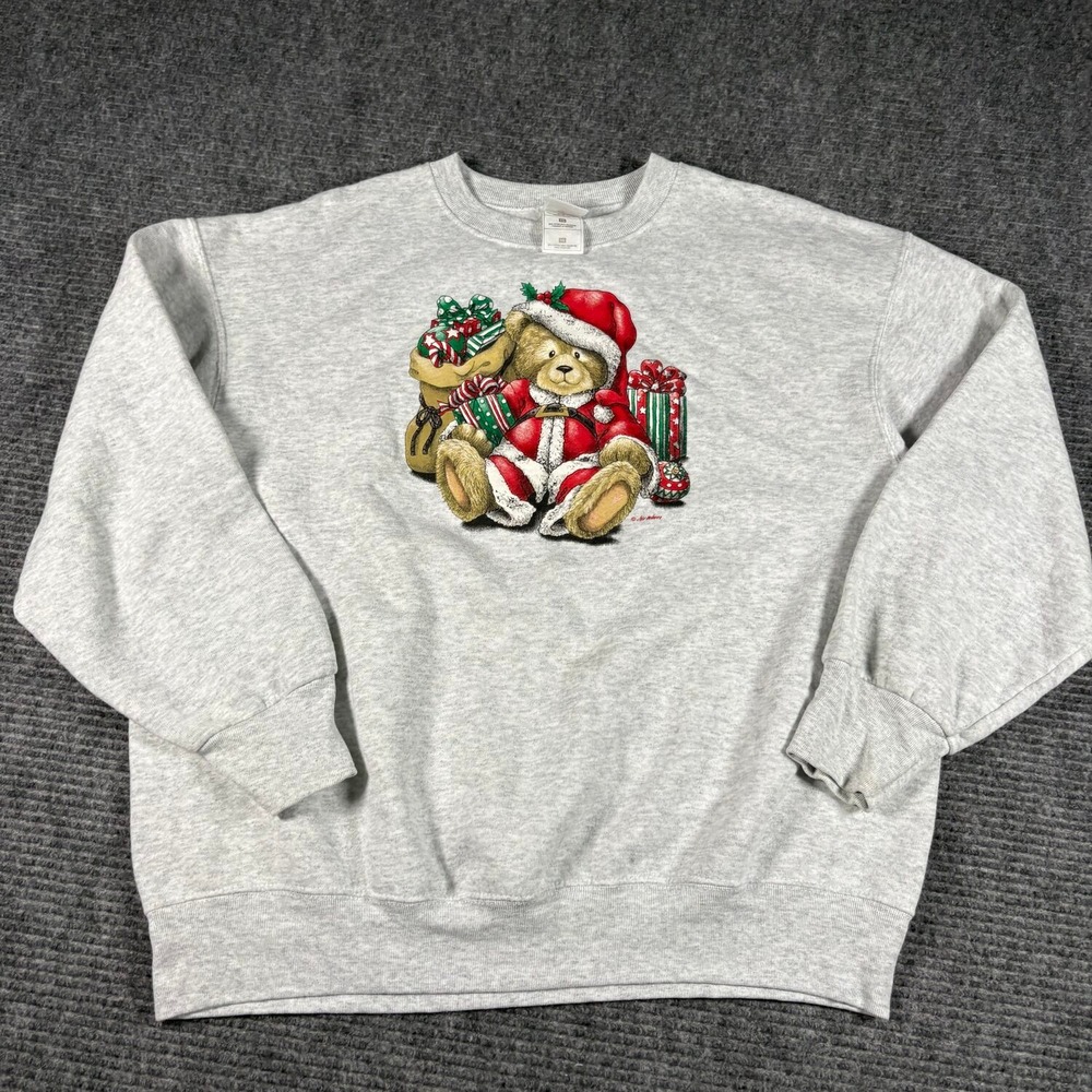 Vtg Fruit of the Loom Christmas Teddy Bear Sweatshirt XL Gray Excellent Graphic